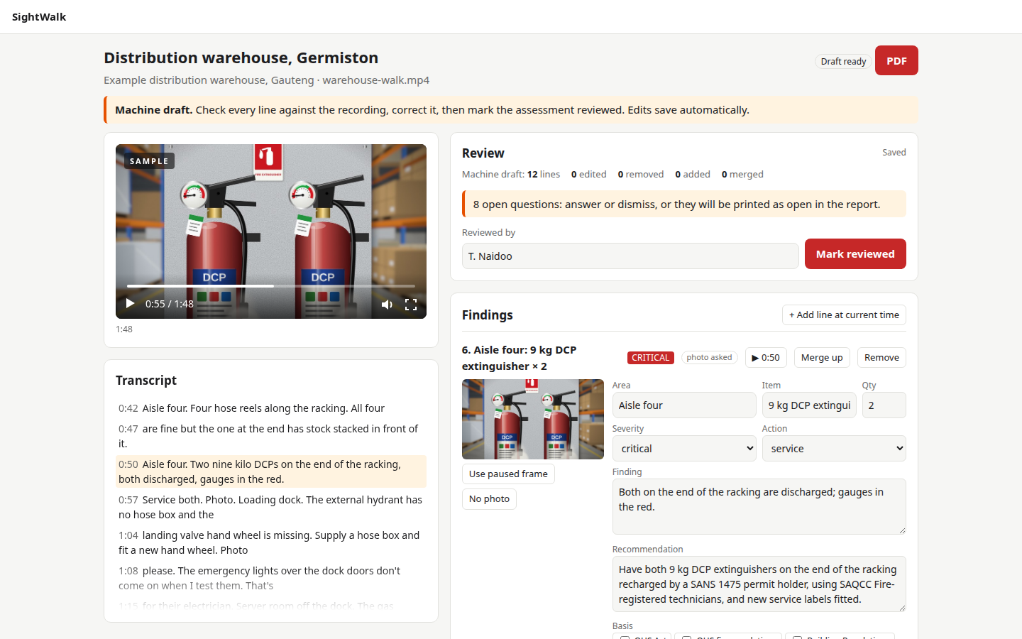 The review screen: each draft line beside the recording
