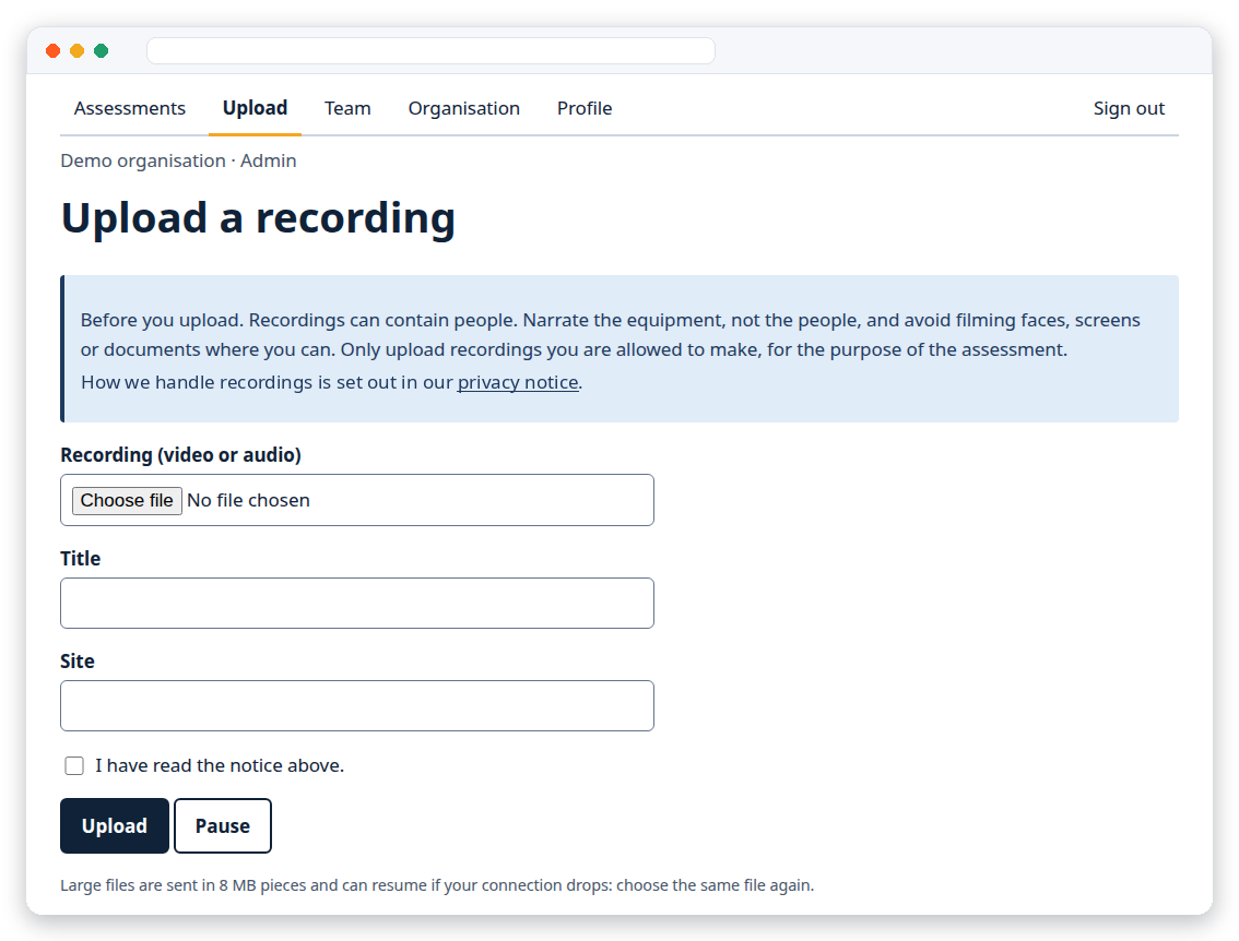 The upload screen in the SightWalk portal