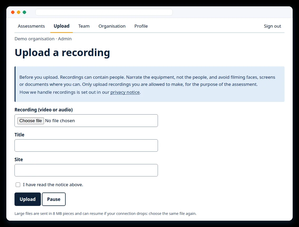 The upload screen in the SightWalk portal